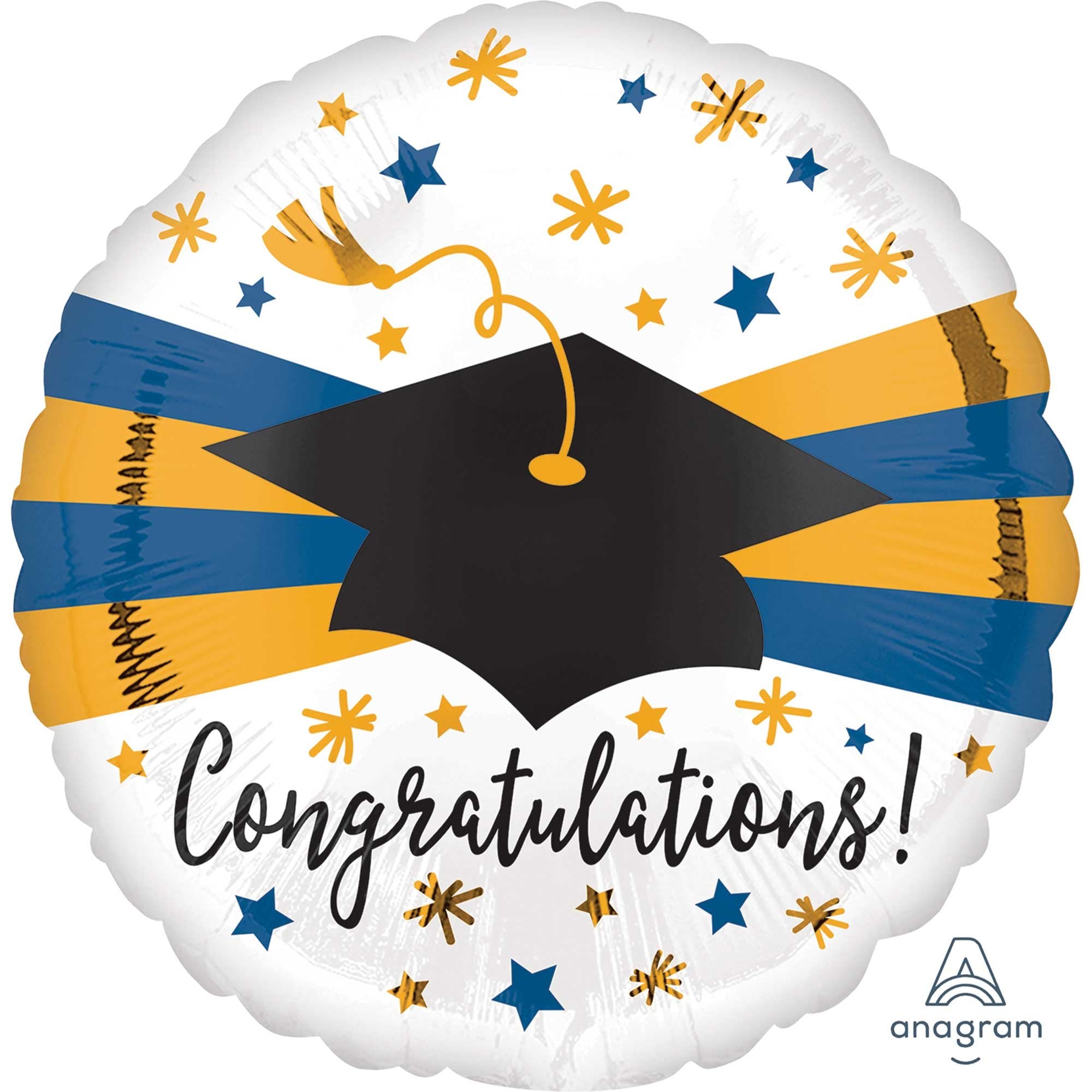 Congratulations Grad Cap Blue and Gold Stripes Balloon