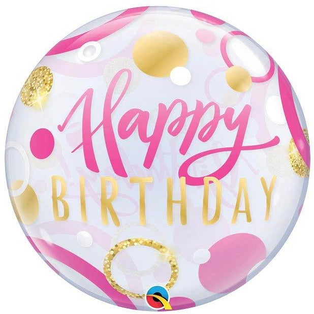 Happy Birthday Pink & Gold Dots Balloon Bubble