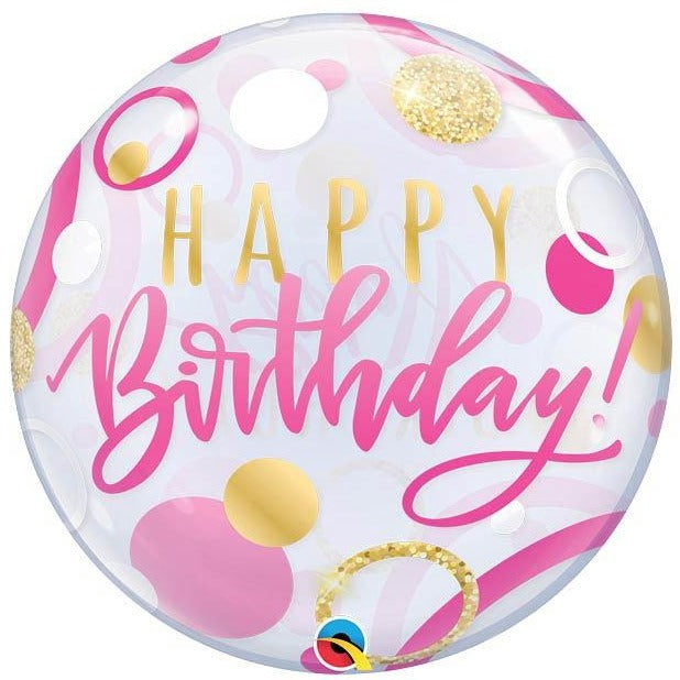 Happy Birthday Pink & Gold Dots Balloon Bubble